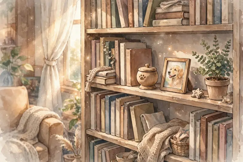 Une petite urne en bois est posée sur une bibliothèque à côté d'une photographie d'un chien et d'une plante verte.