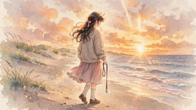Une femme marche seule sur une plage au coucher du soleil, tenant une laisse vide dans sa main.