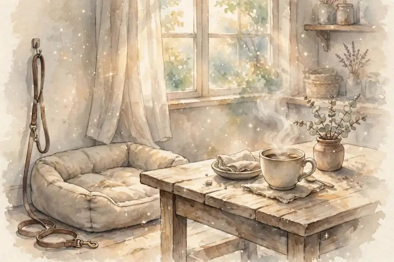 Une tasse de café repose sur une table tandis qu'une place vide rappelle l'absence d'un chien qui partageait chaque matin avec son humain.