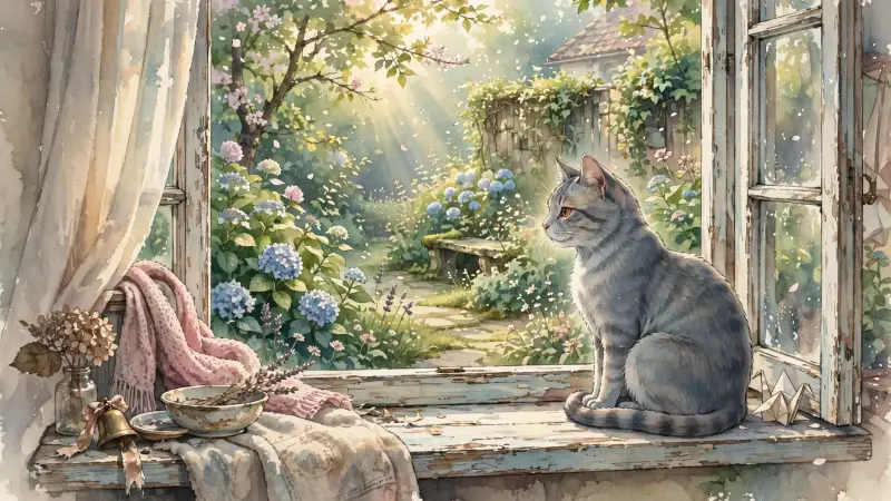 Un chat est assis sur le rebord d'une fenêtre, observant paisiblement le jardin baigné par la lumière du matin.
