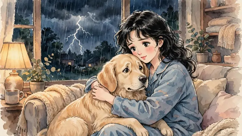 Un chien se blottit contre son humaine alors qu'un orage éclaire le ciel derrière une fenêtre.