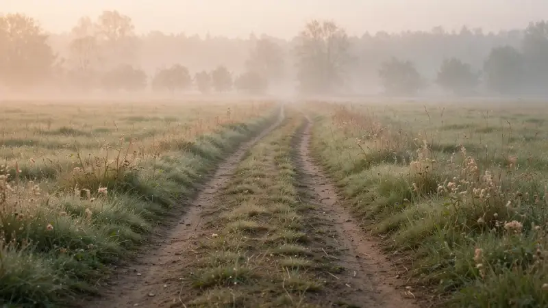 Chemin de campagne dans la brume, image du temps nécessaire pour traverser un deuil animal.