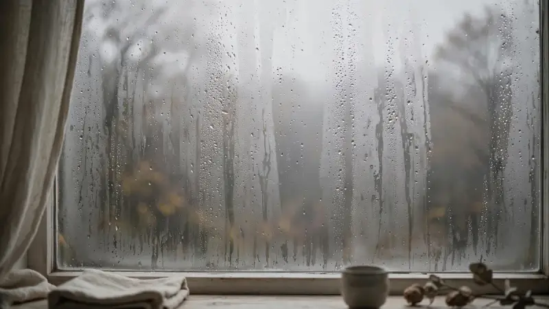 Fenêtre embuée en automne, illustrant un deuil animal qui semble s’aggraver plusieurs mois après la perte.