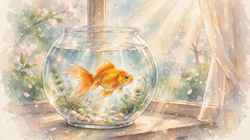 Un poisson rouge nage paisiblement dans un aquarium éclairé par la lumière du matin.