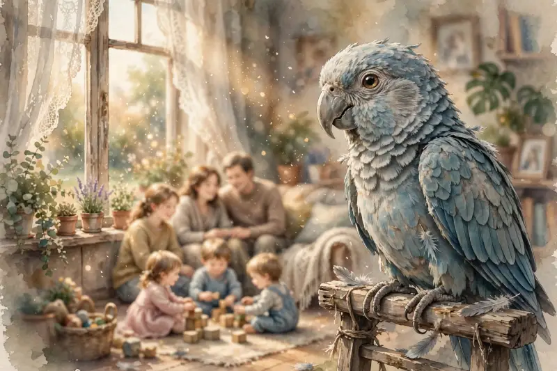 Un vieux perroquet est perché près d'une fenêtre, observant paisiblement une famille réunie dans le salon.