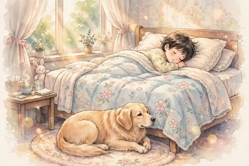 Un chien est couché au pied du lit d'un enfant, dans une chambre baignée par une lumière douce.