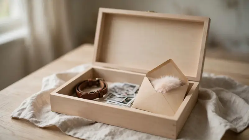 Boîte à souvenirs contenant le collier, des photos et une lettre pour un animal décédé, rituel de mémoire du deuil animal.