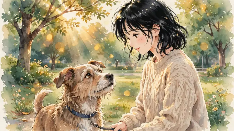 Un chien adopté dans un refuge regarde son humaine avec douceur alors qu'ils marchent ensemble dans un parc.