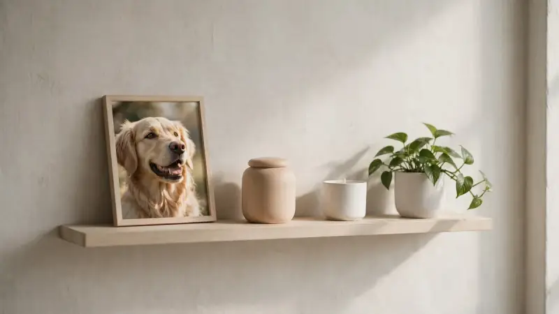 Coin mémoire aménagé pour un animal décédé avec photo encadrée, urne et bougie, hommage discret au sein du foyer.