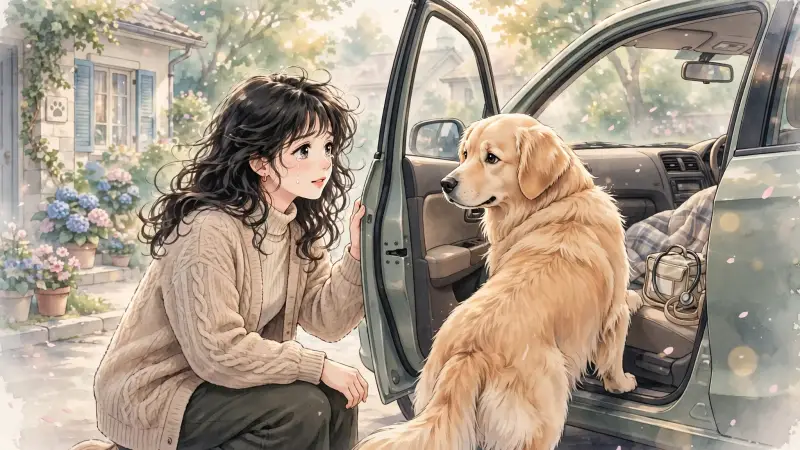 Un chien regarde son humaine avant de monter dans une voiture en direction de la clinique vétérinaire.