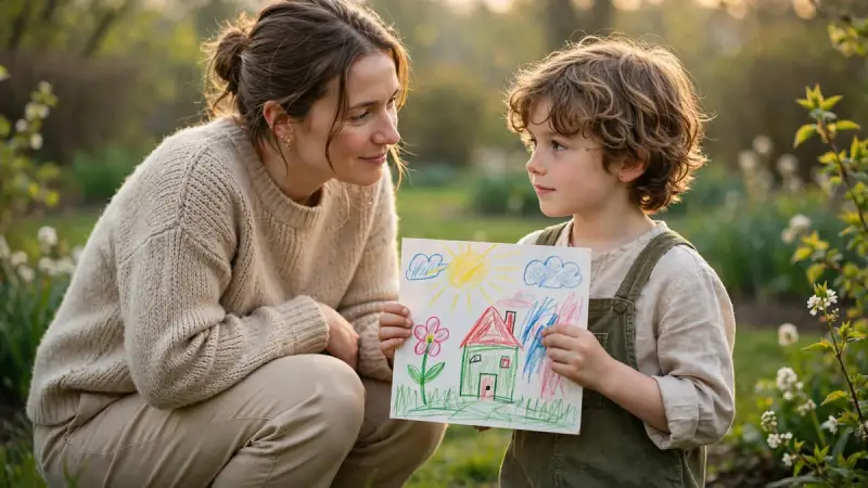 Enfant tenant un dessin lors d’un adieu à son animal, accompagné d’un adulte dans un jardin.