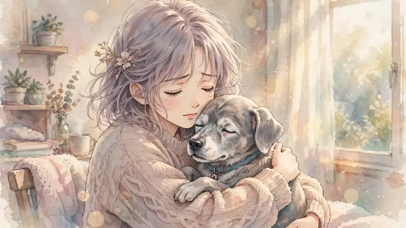 Une personne enlace tendrement son vieux chien dans une pièce baignée d'une lumière douce.