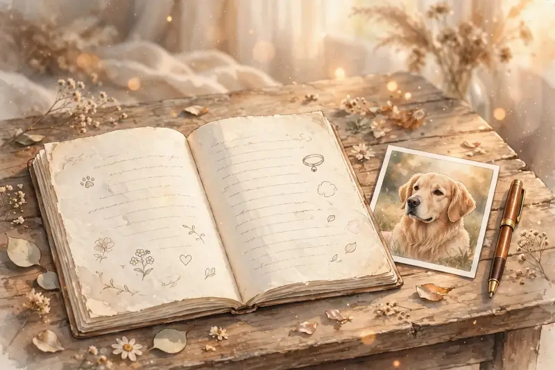 Un carnet ouvert repose sur une table en bois, accompagné d'une photographie d'un chien et d'un stylo.