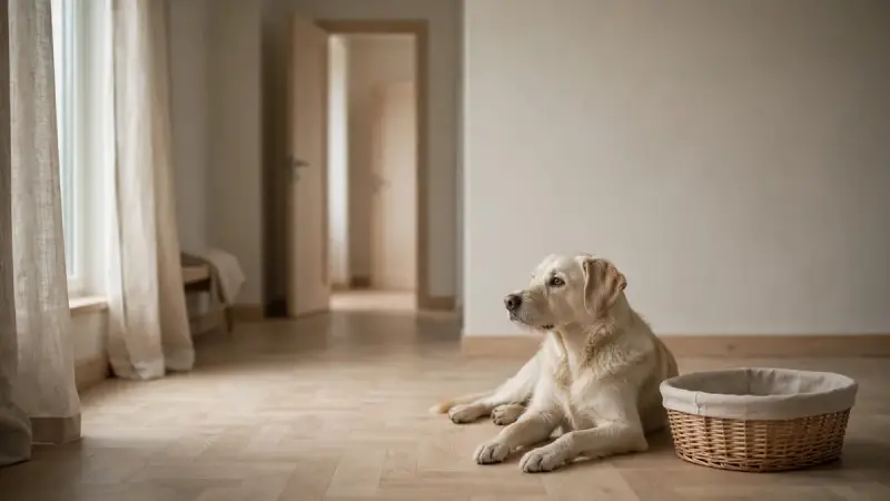 Chien couché seul à côté d’un panier vide, illustrant la réaction d’un animal après la perte de son compagnon.