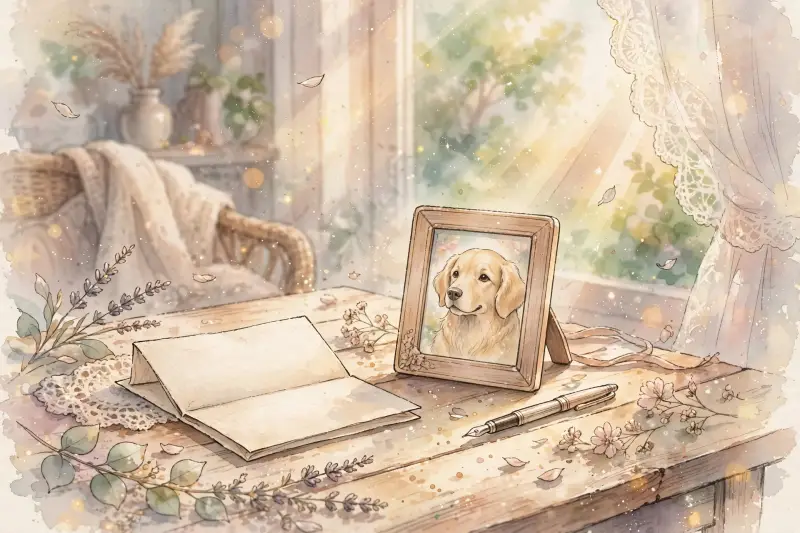 Une lettre manuscrite repose sur une table à côté d'une photographie d'un chien et d'un stylo.