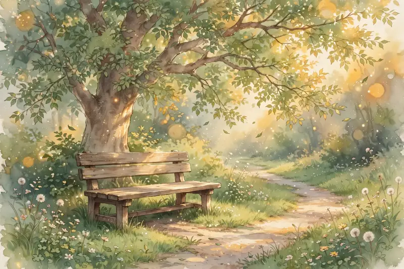 Un banc en bois se trouve au bord d'un sentier, sous un grand arbre, baigné par la lumière de fin de journée.
