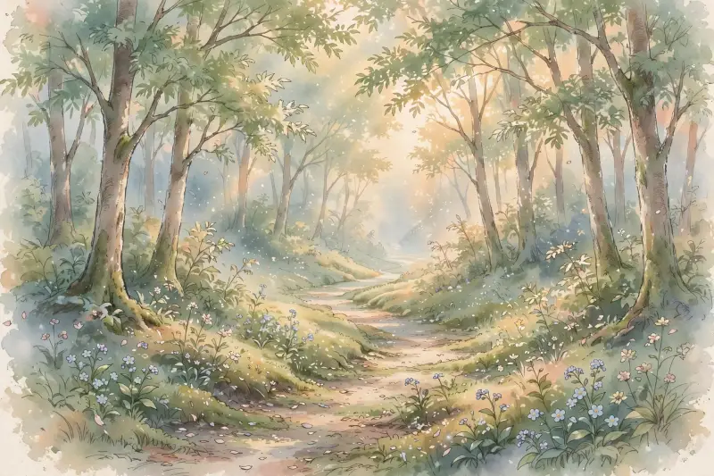Un sentier forestier baigné par la lumière du matin traverse une forêt paisible.