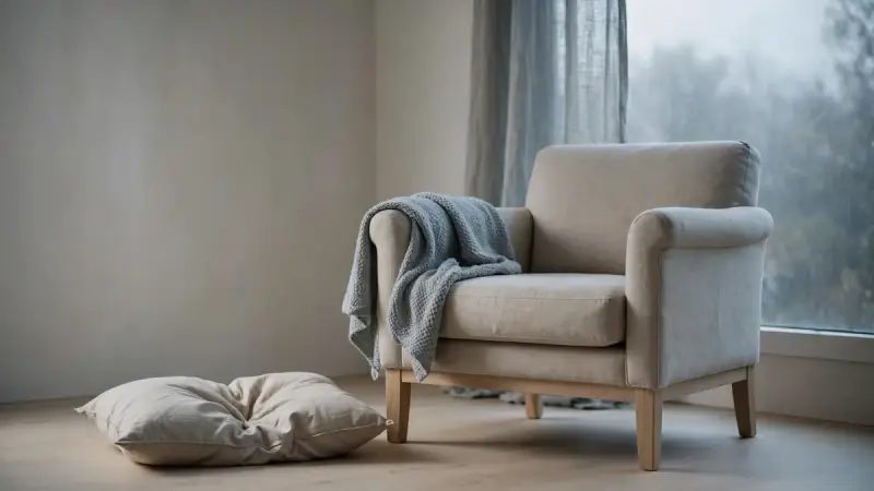 Fauteuil et coussin vide près d’une fenêtre, illustrant le deuil animal chez une personne âgée vivant seule.