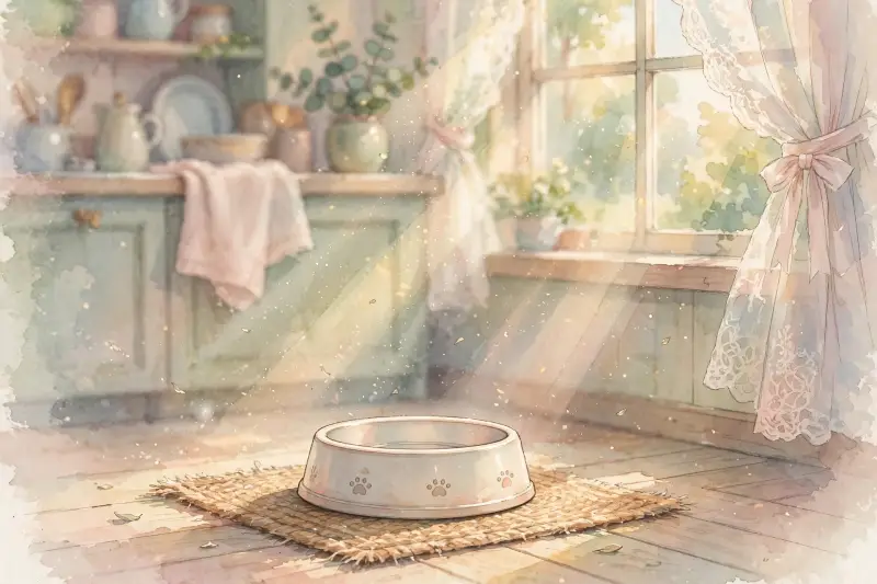 Une gamelle vide est posée sur le sol d'une cuisine baignée par la lumière du matin.