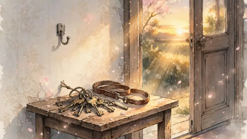 Un trousseau de clés est posé sur une table près d'une porte d'entrée éclairée par la lumière du soir.