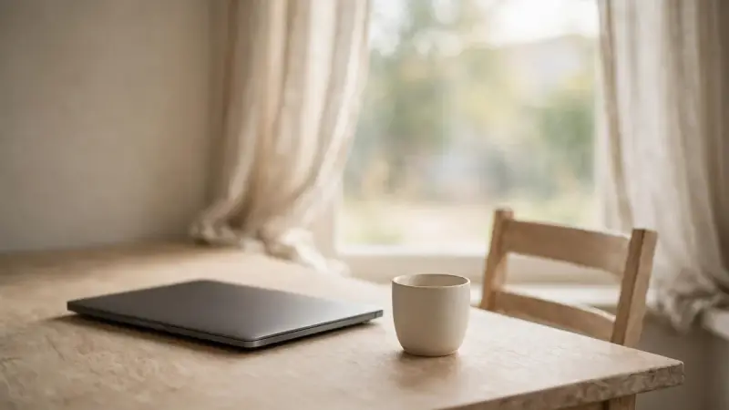 Poste de travail avec une tasse et une fenêtre, illustrant le retour au travail après la perte d’un animal.
