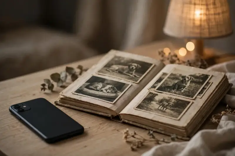 Album photo ouvert et téléphone posé sur une table, illustrant les souvenirs visuels d’un animal décédé