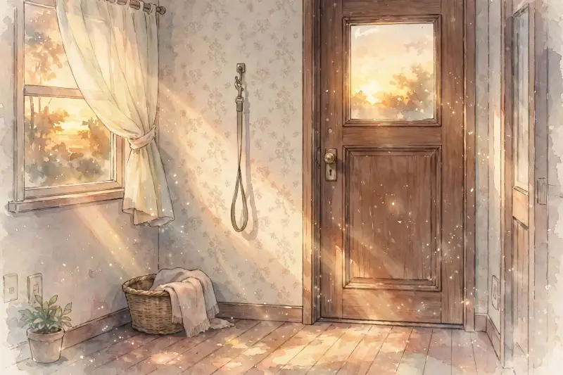 Une maison calme en fin de journée, baignée d'une lumière douce, avec une porte d'entrée fermée.