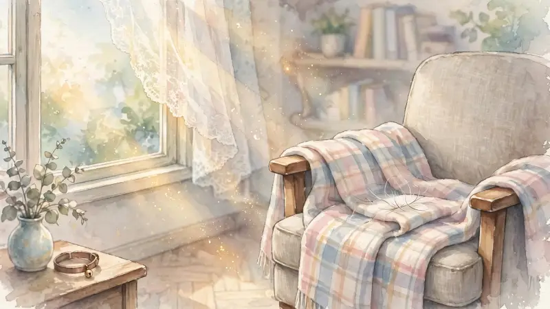 Quelques poils de chat sont visibles sur un plaid posé sur un fauteuil près d'une fenêtre.