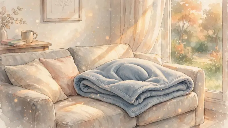 Une couverture soigneusement pliée repose sur un canapé baigné par la lumière d'une fin d'après-midi.