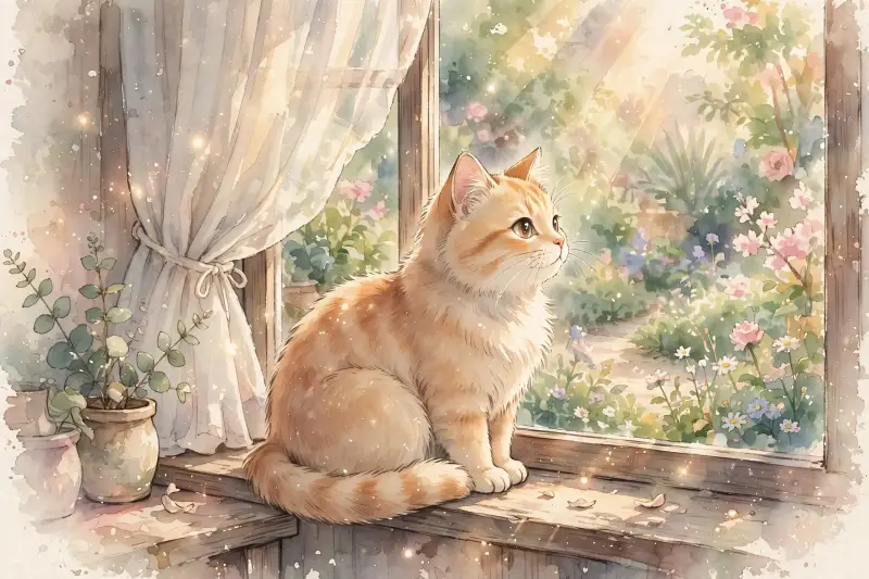 Un chat est assis paisiblement sur le rebord d'une fenêtre, observant le jardin avec calme.