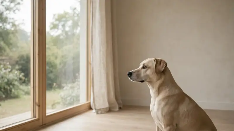 Chien assis près d’une fenêtre, illustrant la construction d’un nouveau lien après la perte d’un animal.