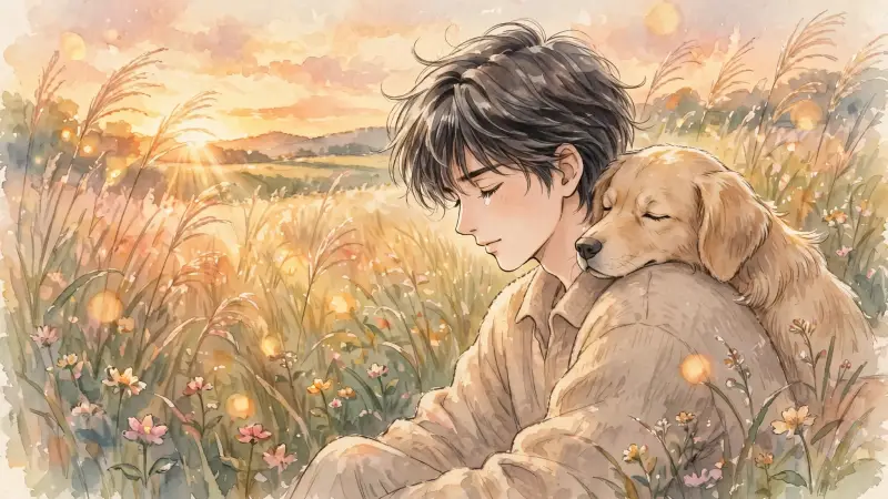 Un homme est assis dans un champ au coucher du soleil, son chien appuyant doucement sa tête contre son épaule.