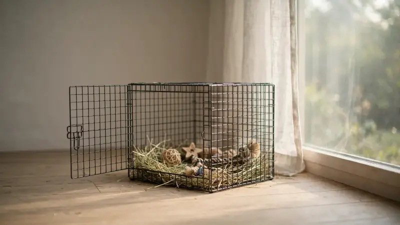 Petite cage vide près d’une fenêtre après la mort d’un lapin ou d’un rongeur, illustrant un deuil souvent minimisé.