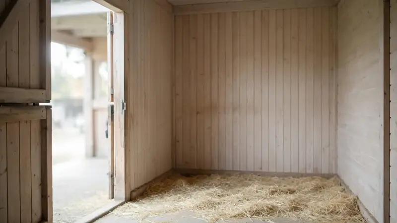 Box vide dans une écurie après la mort d’un cheval, illustrant un deuil équestre souvent isolé.