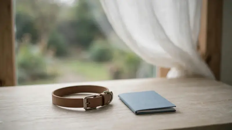 Collier et carnet de santé posés sur une table, illustrant la séparation d’avec un animal encore vivant.