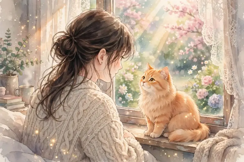 Un chat roux regarde son humaine avec douceur depuis le rebord d'une fenêtre baignée par la lumière du matin.