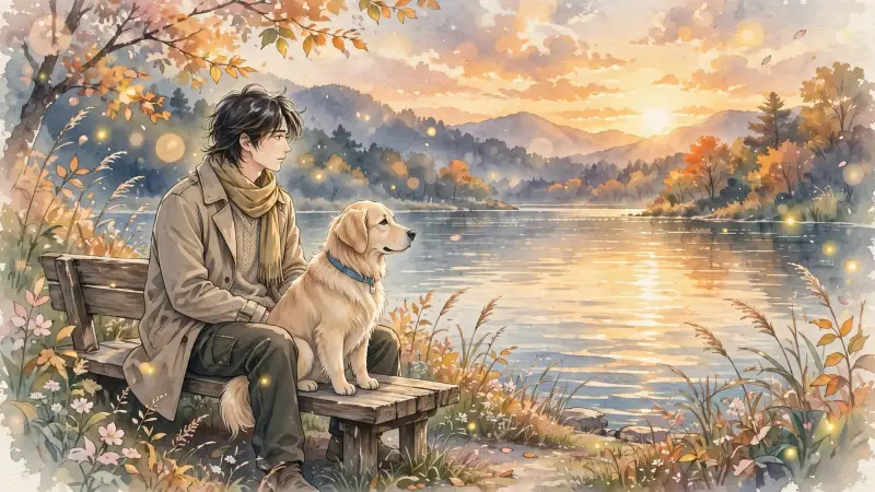 Un homme est assis sur un banc avec son chien, tous deux regardant un lac au coucher du soleil.