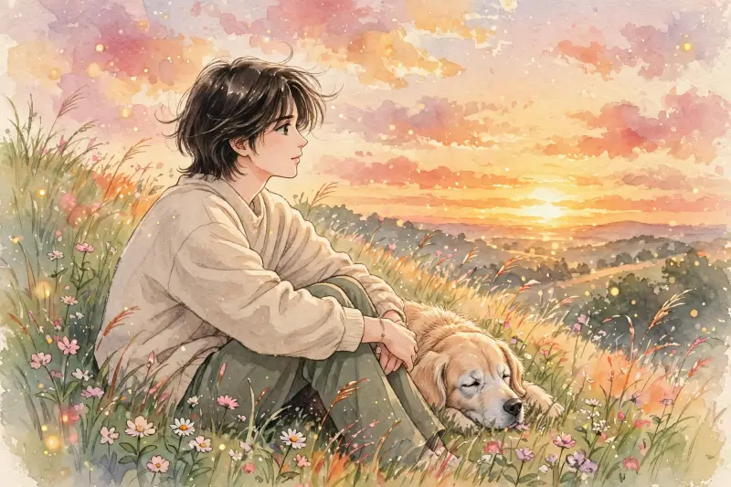 Une personne est assise sur une colline avec son vieux chien, regardant un coucher de soleil aux couleurs dorées.