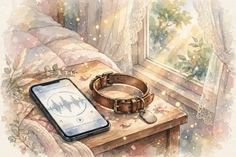 Un téléphone portable affiche un ancien message vocal tandis qu'un collier de chien repose à côté.