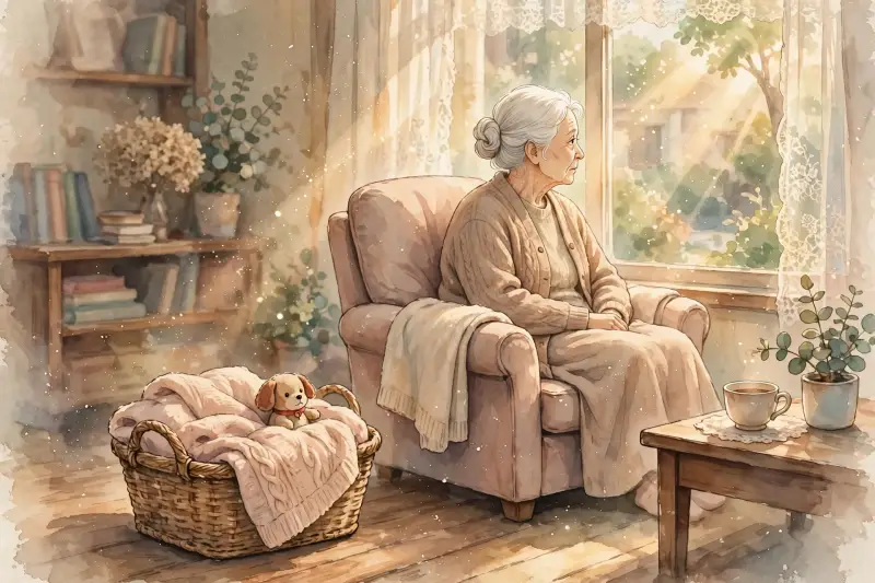 Le panier d'un petit chien repose dans un salon chaleureux, près d'un fauteuil où une grand-mère est assise en regardant par la fenêtre.