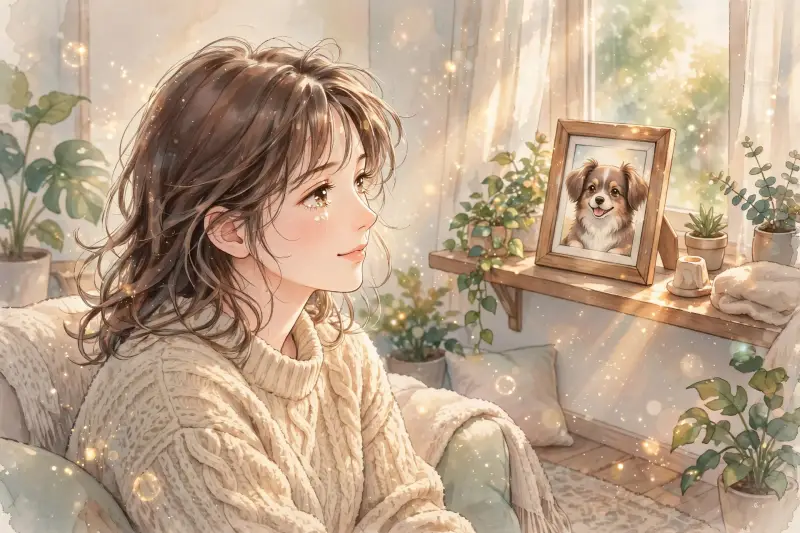 Une femme esquisse un léger sourire en regardant une photographie de son chien posée sur une étagère.