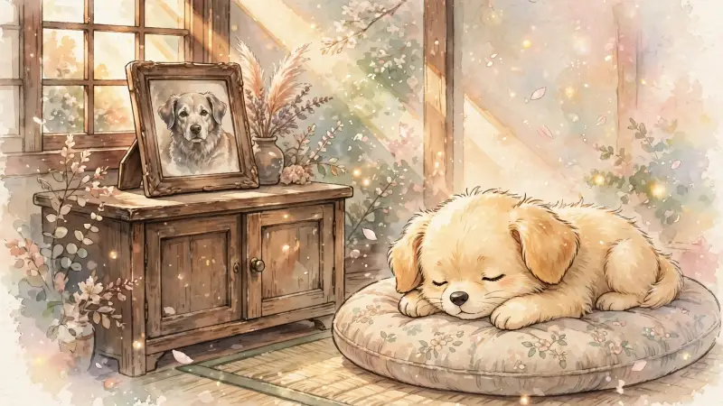 Un jeune chien repose près d'une vieille photographie encadrée d'un autre chien sur un meuble en bois.