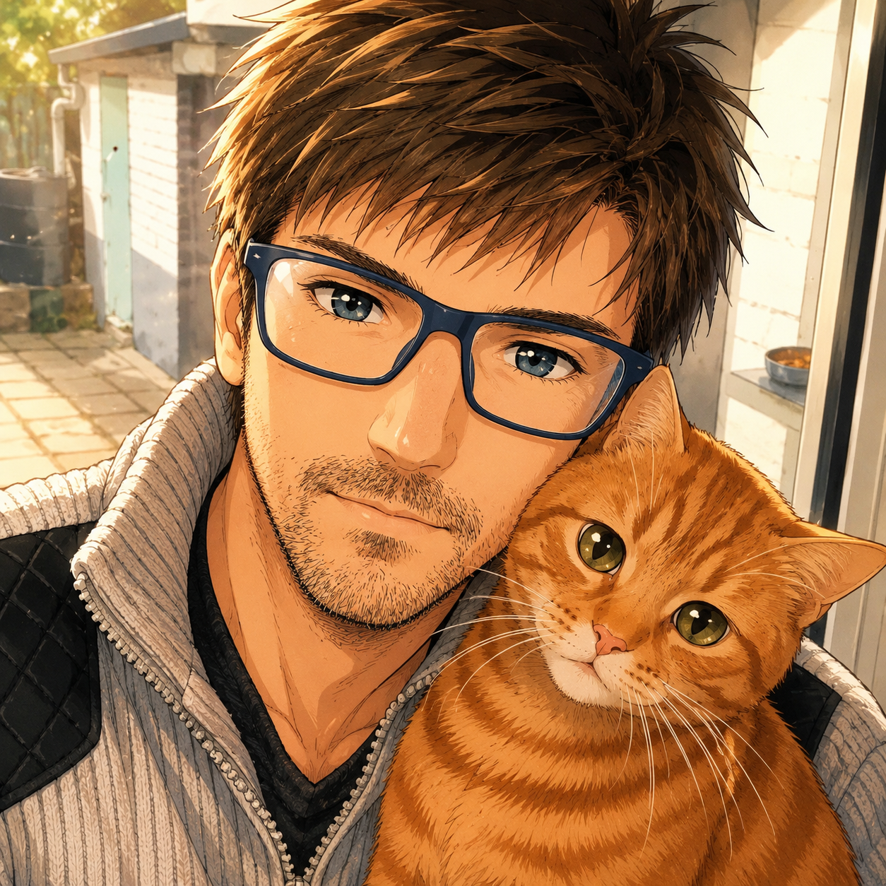 Illustration manga émouvante d’un homme avec son chat roux atteint d’insuffisance rénale, inspirée de l’histoire personnelle de Dudu et du deuil animal.