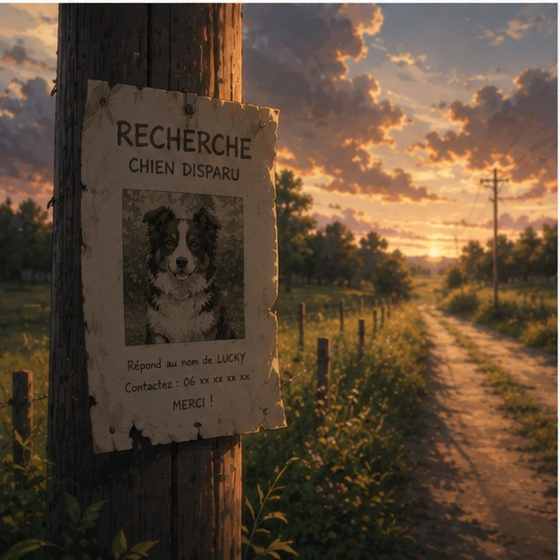 Une affiche de recherche légèrement abîmée est accrochée sur un poteau tandis qu'un chemin de campagne disparaît à l'horizon.