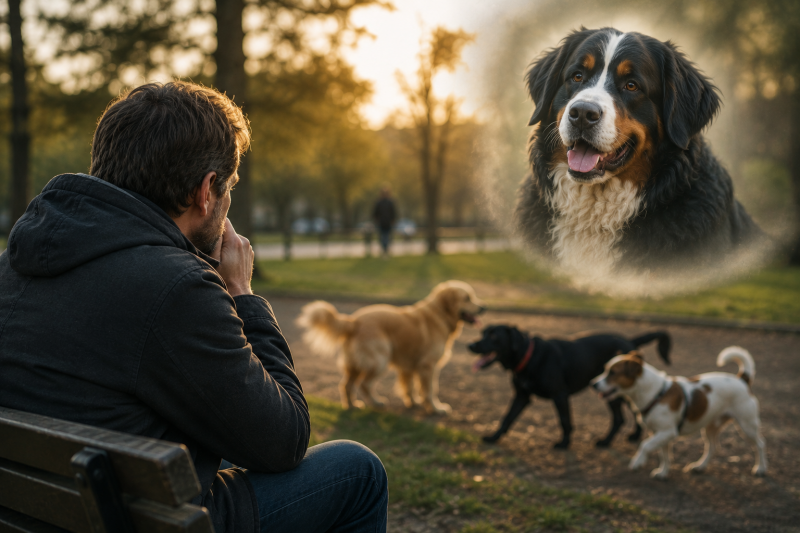 Personne observant différents chiens tout en pensant à son compagnon disparu.