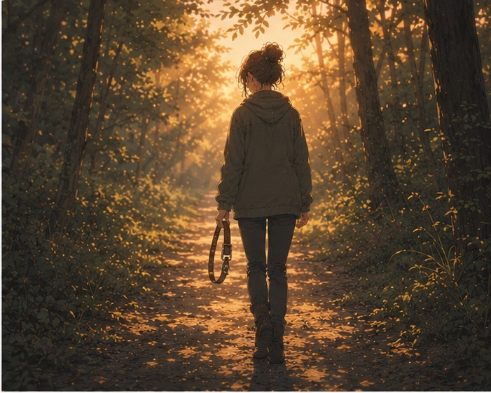 Une personne marche seule sur un sentier forestier, tenant le collier de son chien dans la main.