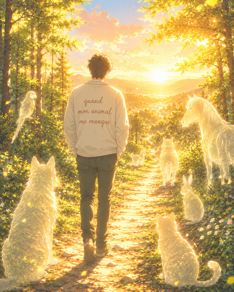 Une personne marche seule dans un chemin forestier au coucher du soleil, entourée de silhouettes discrètes de différents animaux.