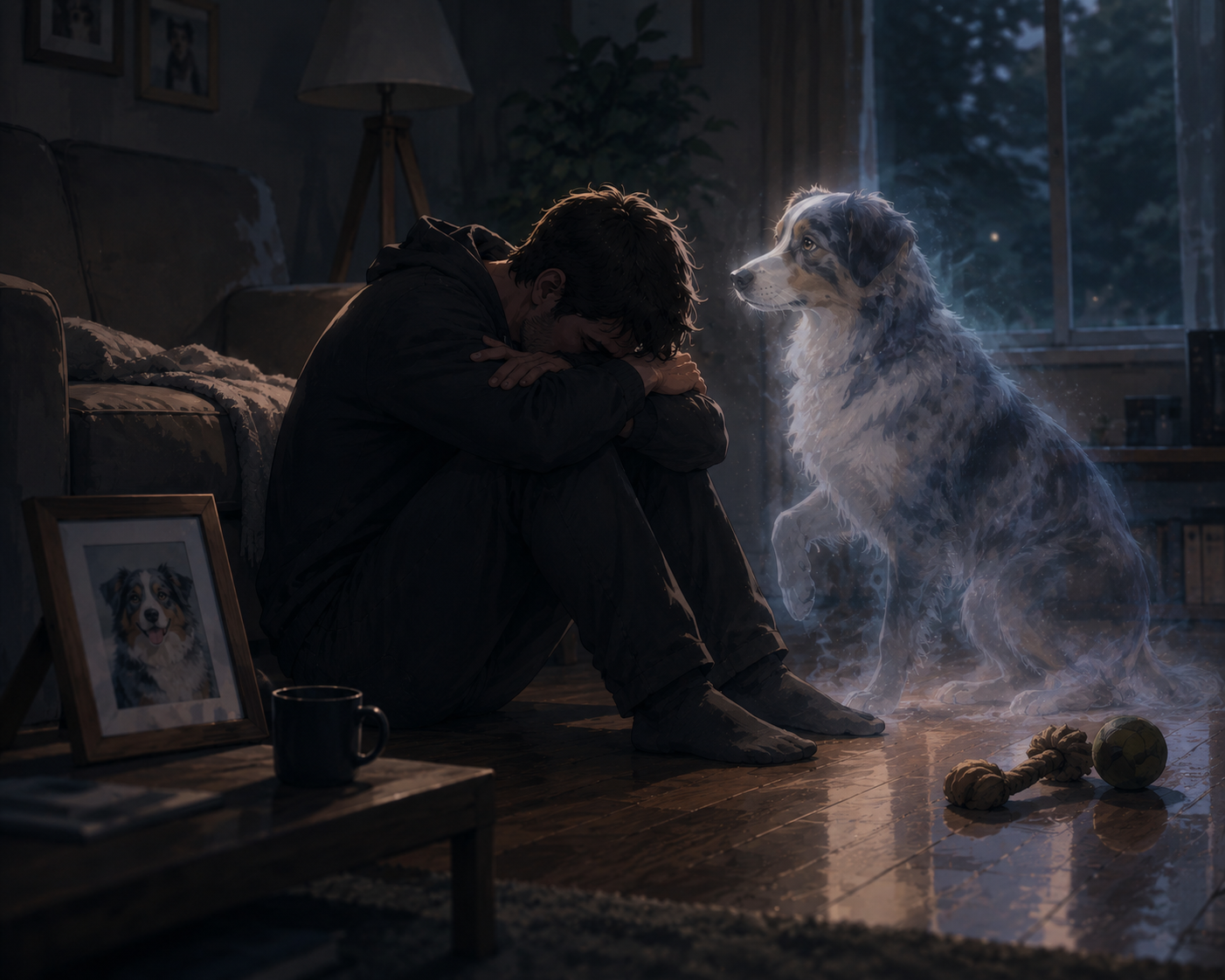 honne triste avec le fantome de son chien 