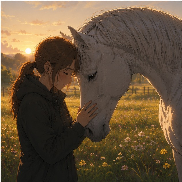 Une adolescente enlace son cheval alezan dans une carrière au coucher du soleil.