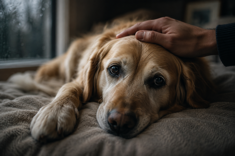 Chien âgé allongé recevant une caresse, illustrant les signes de souffrance et la fin de vie chez les animaux de compagnie.